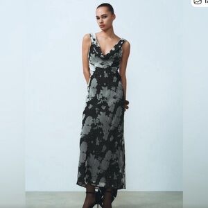 Zara Black Dress with Silver Floral Print Maxi